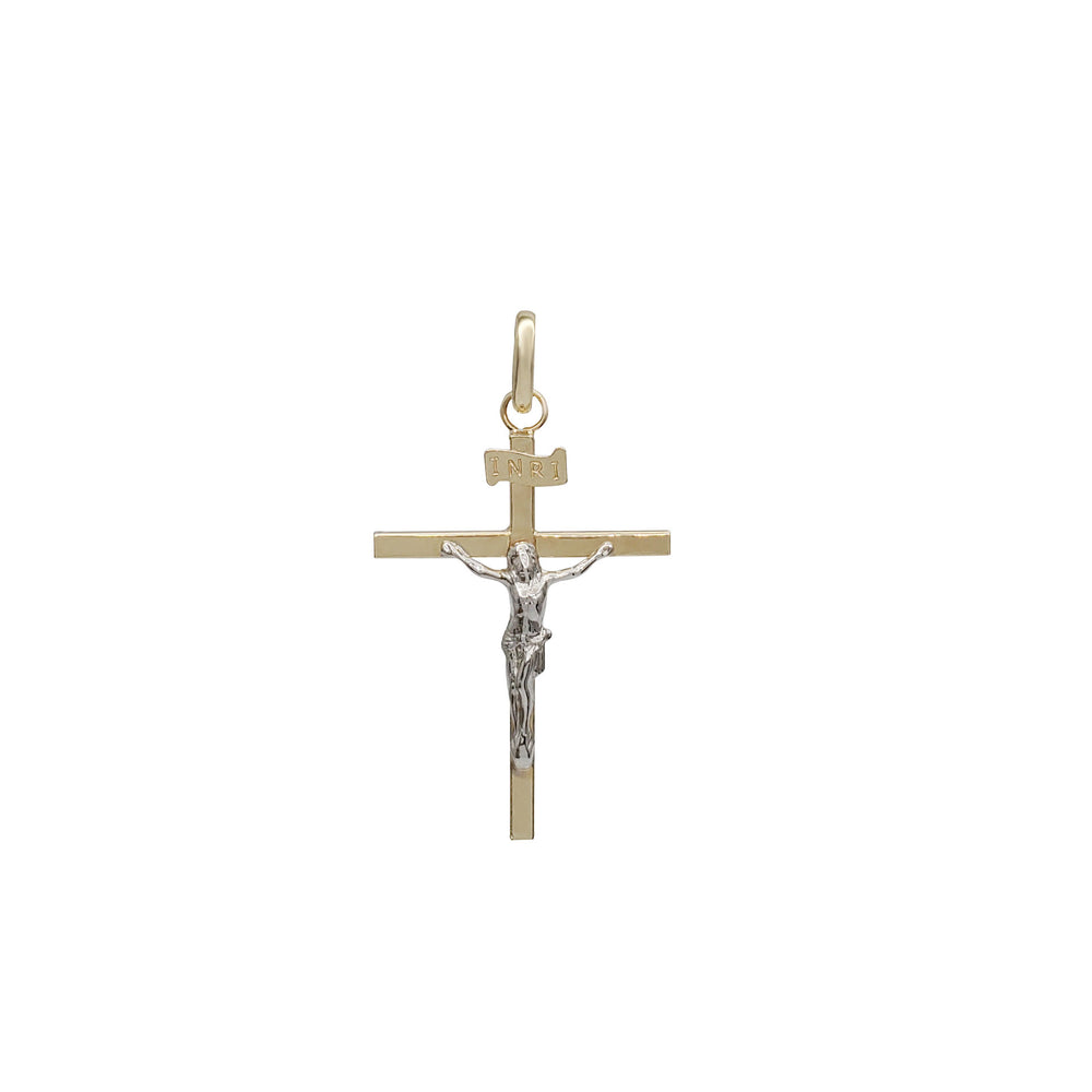 Two Tone Flat INRI Crucifix Pendant (14K)
