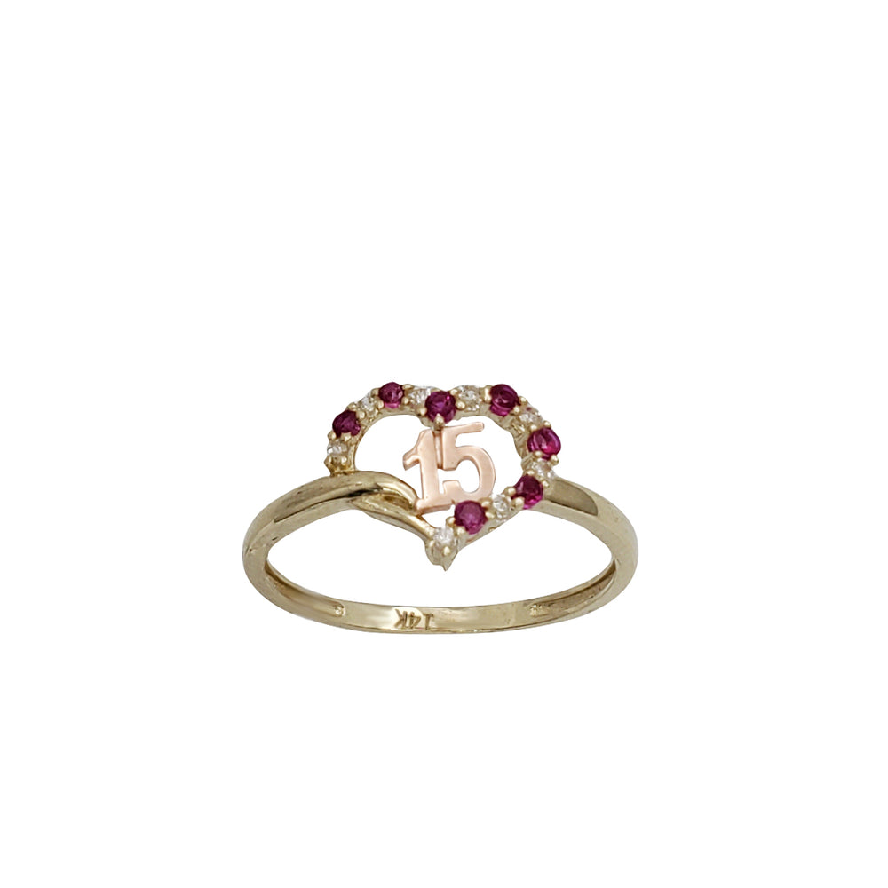 Red Zirconia Heart 15 Years Birthday Ring (14K)