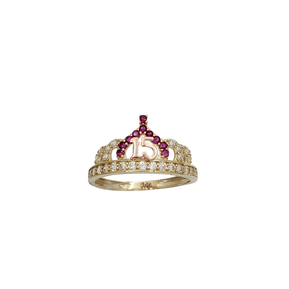 Red Zirconia 15 Years Birthday Crown Ring (14K)