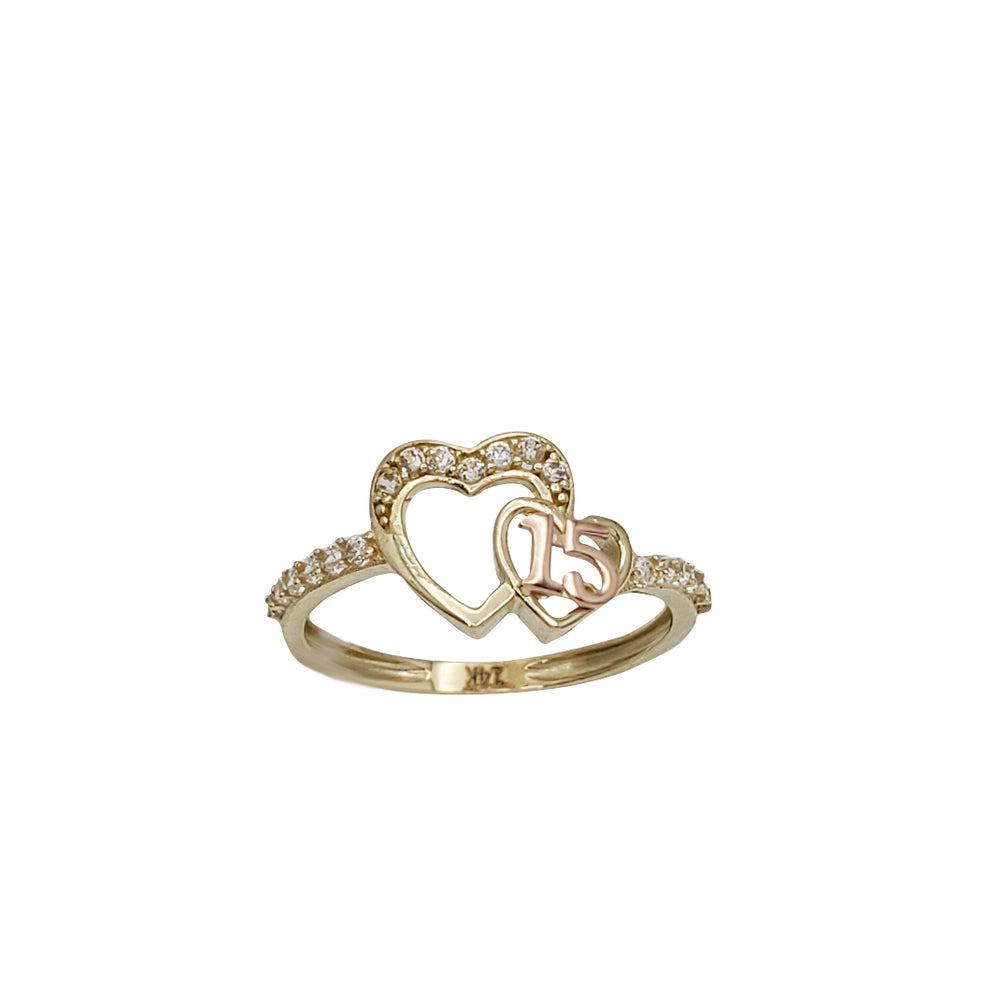Zirconia Double Heart 15 Years Birthday Ring (14K)