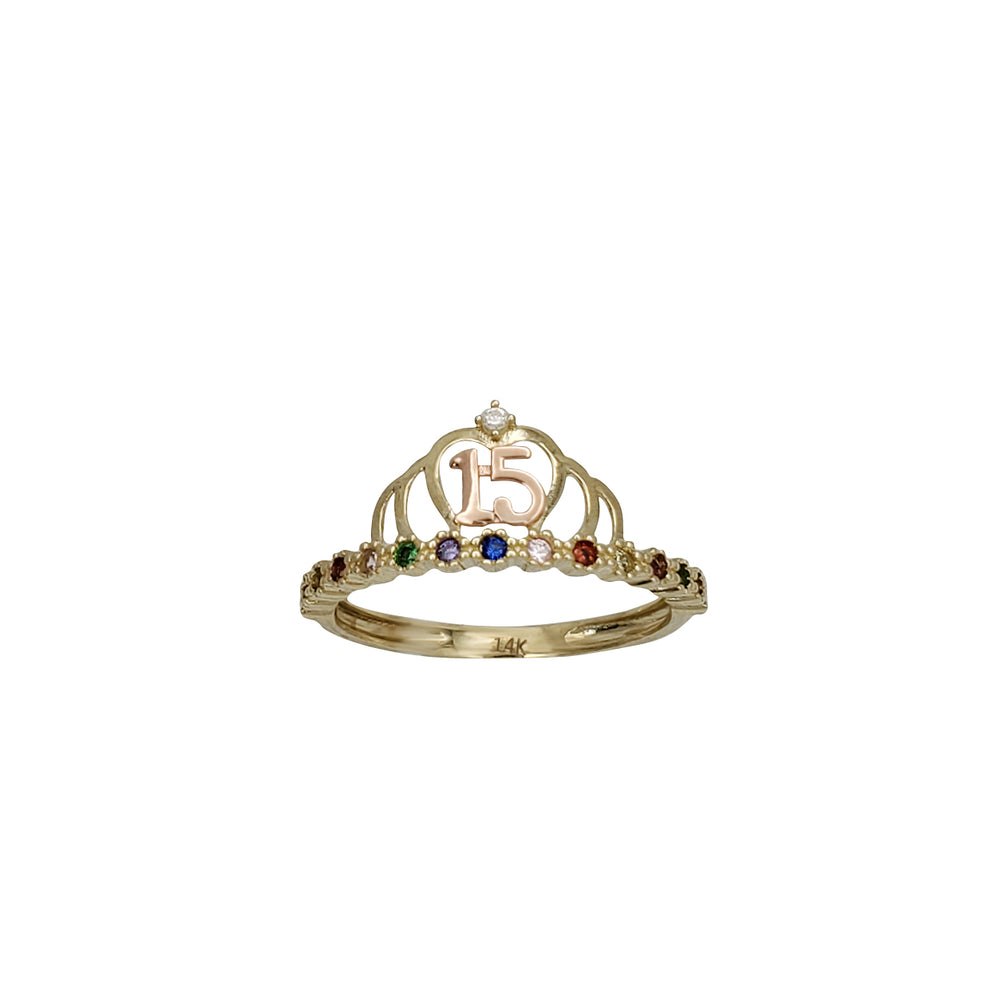 Multicolor CZ 15 Years Birthday Crown Ring (14K)