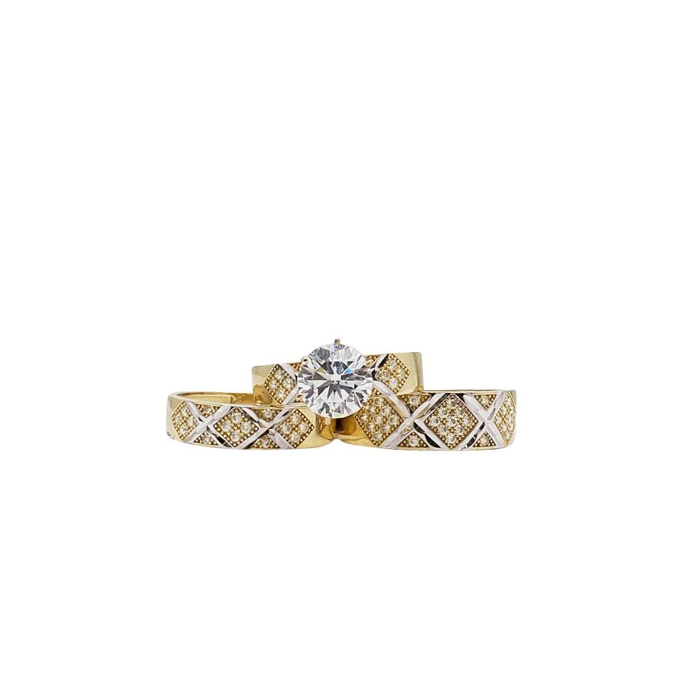 Three-Piece Set CZ Two Tone Diamond Cut Engagement/Wedding Rings (14K)