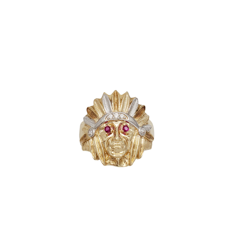 Two Tone Indian Chief Head CZ Ring (14K)