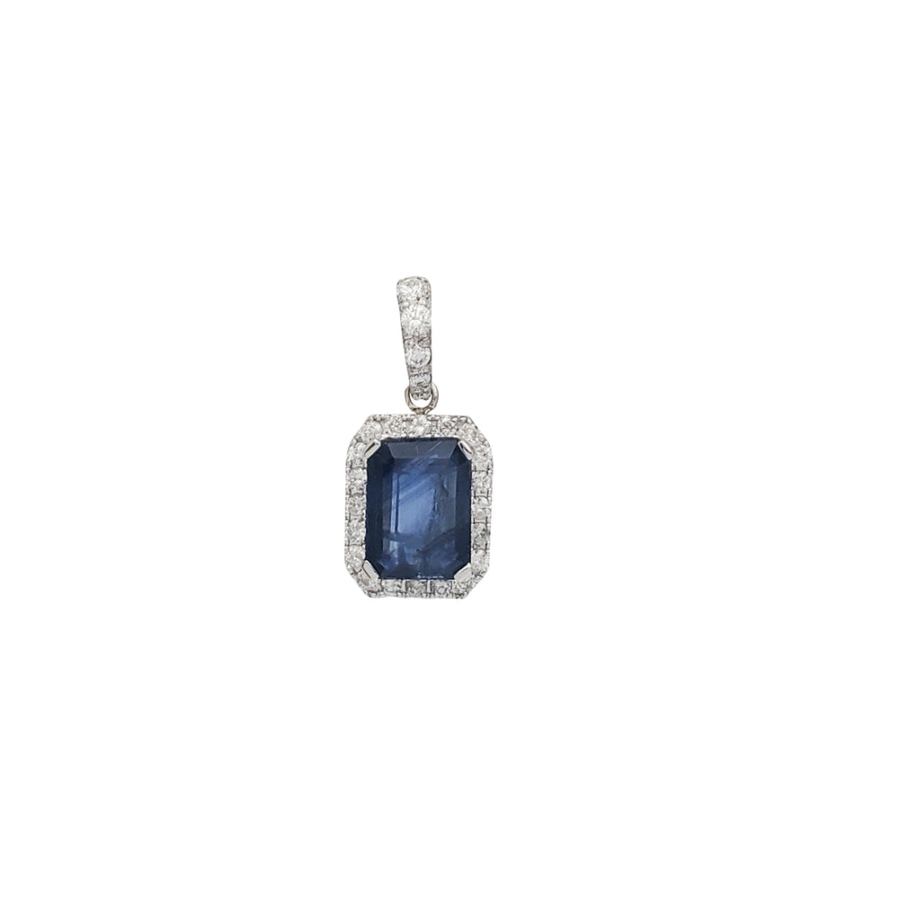 Diamond Halo Emerald Cut Sapphire Pendant (14K)