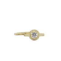 2 Pcs Set Halo Round Zirconia Engagement/Wedding Ring (Yellow Silver)