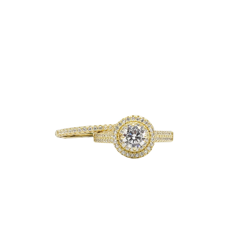 2 Pcs Set Halo Round Zirconia Engagement/Wedding Ring (Yellow Silver)