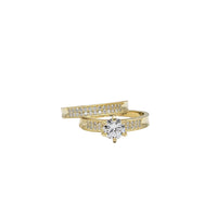 2 Pcs Set Round Zirconia Engagement/Wedding Ring (Yellow Silver)