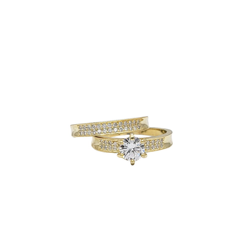 2 Pcs Set Round Zirconia Engagement/Wedding Ring (Yellow Silver)