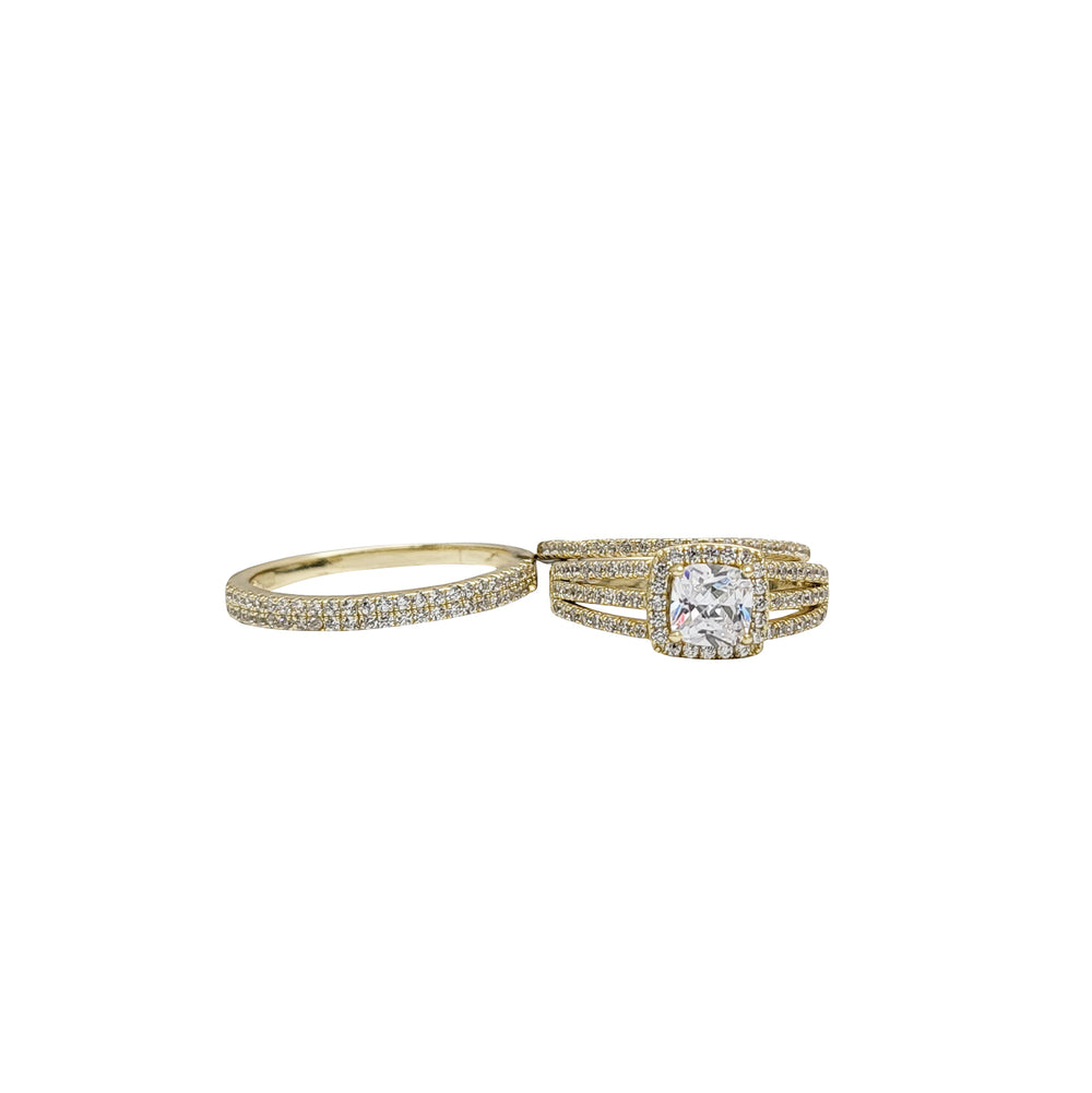 3 Pcs Set Cushion-Cut Zirconia Engagement/Wedding Ring (Yellow Silver)
