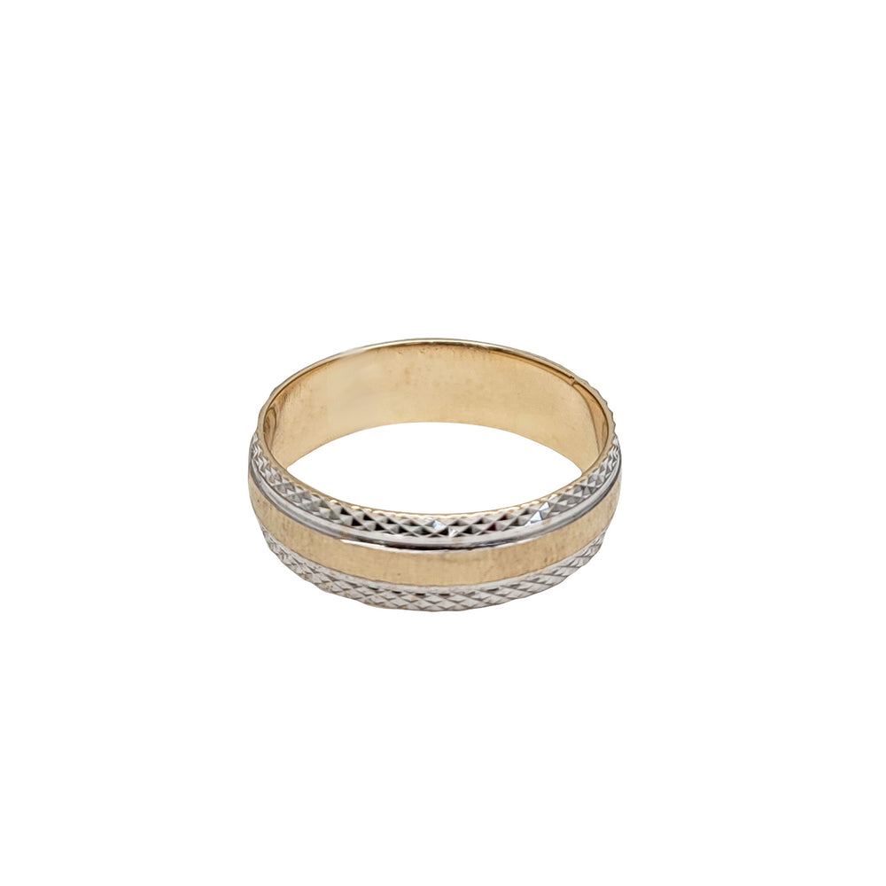 [6 mm]Two Tone Diamond Cut Edge Matte Textured Wedding Ring (14K)