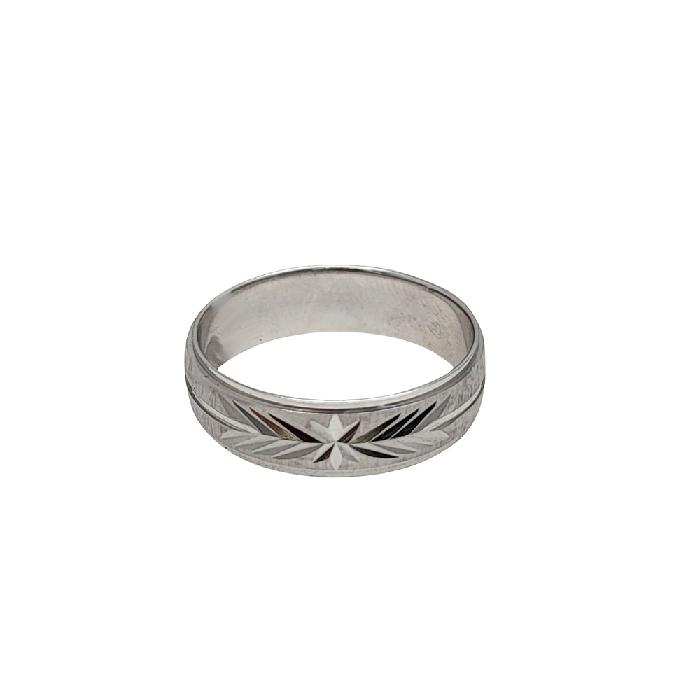 [6 mm] White Gold Arrow Pattern Diamond Cut Wedding Band (14K)