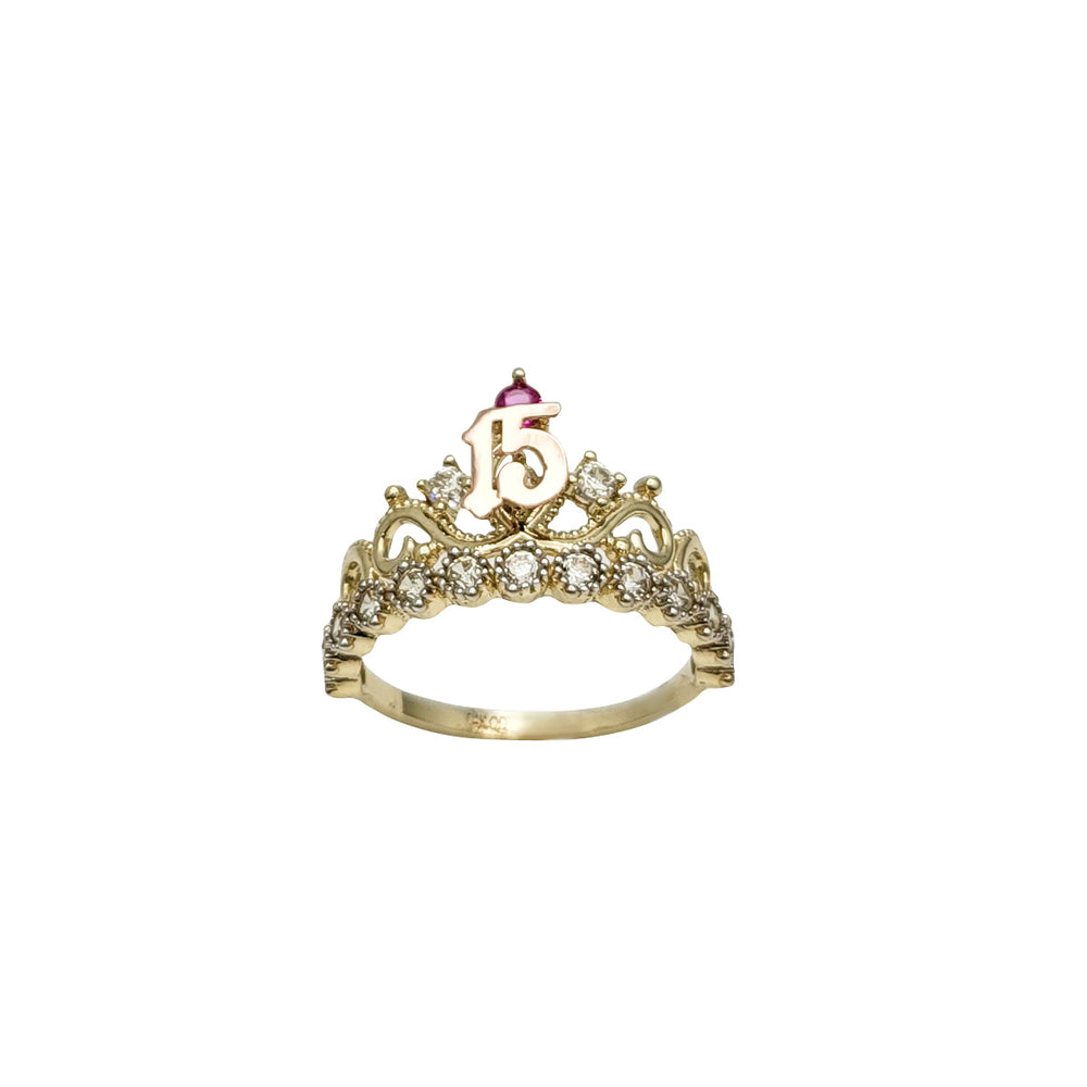 15 Years With Red CZ Birthday Crown-Tiara Ring (14K)