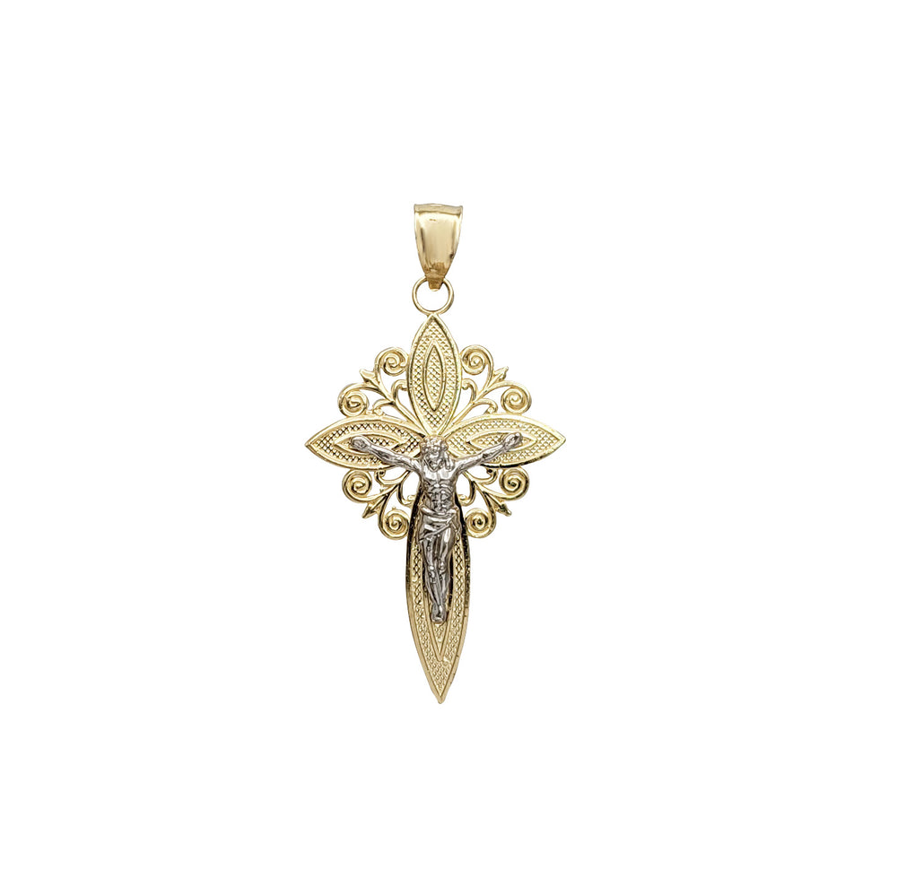 Two Tone Floral Texture Crucifix Pendant (14K)