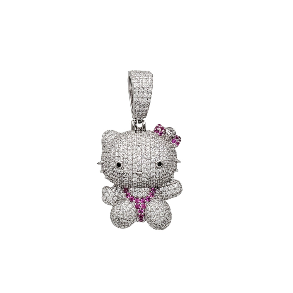 Iced-Out Cartoon Kitty Pendant (Silver)