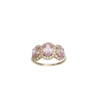 Oval Pink CZ Three Stone Halo Lady Ring (14K)