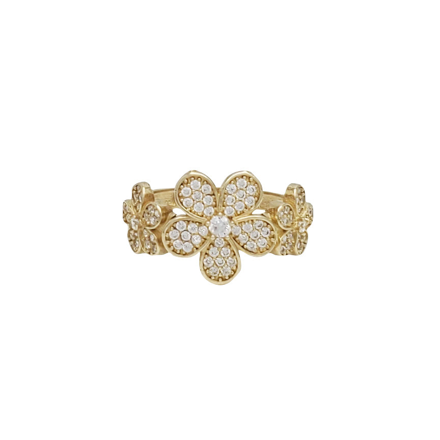Iced Out Zirconia Triple Flower Lady Ring (14K)