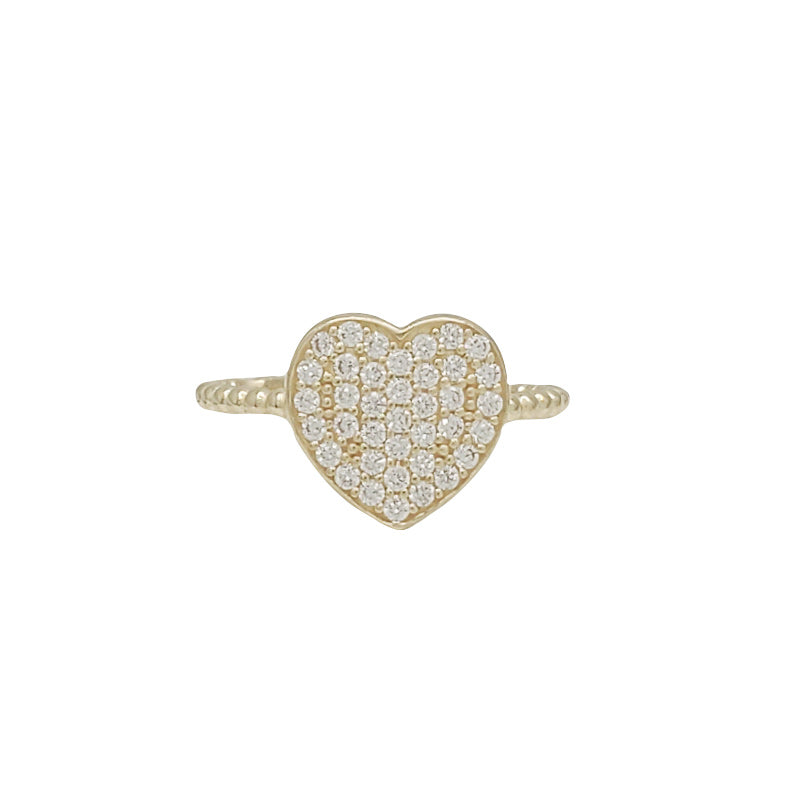 Zirconia Bezel Pave Heart Glossy Beaded Lady Ring (14K)