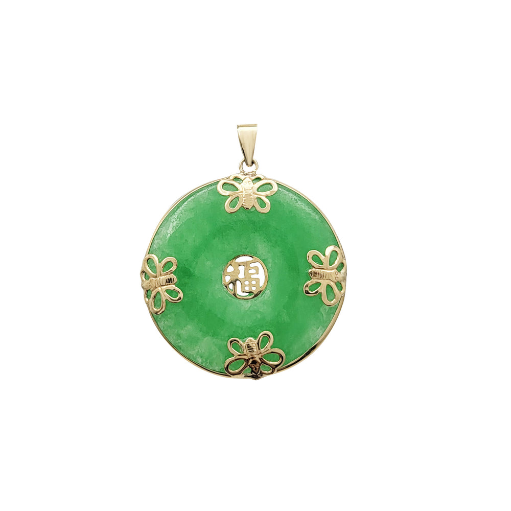 Chinese Character Good Fortune & Butterfly Green Jade Donut Pendant (14K)