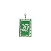 Green Jade Dragon Rectangular Tag Pendant With Greek Key Border (Silver)