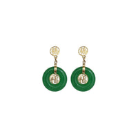 Green Jade 'Good Fortune' Bi Disc Dangling Stud Earrings (14K)