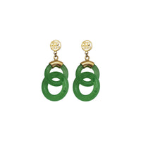 Green Jade 'Good Fortune' Doble Ring Dangling Stud Earrings (14K)