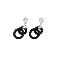 Black Jade 'Good Fortune' Doble Ring Dangling Stud Earrings (Silver)