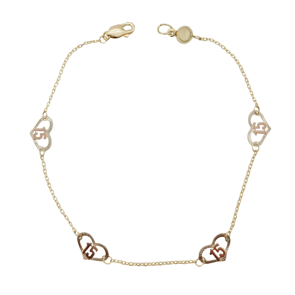 15th Birthday Heart Cable Link Charm Bracelet (14K)