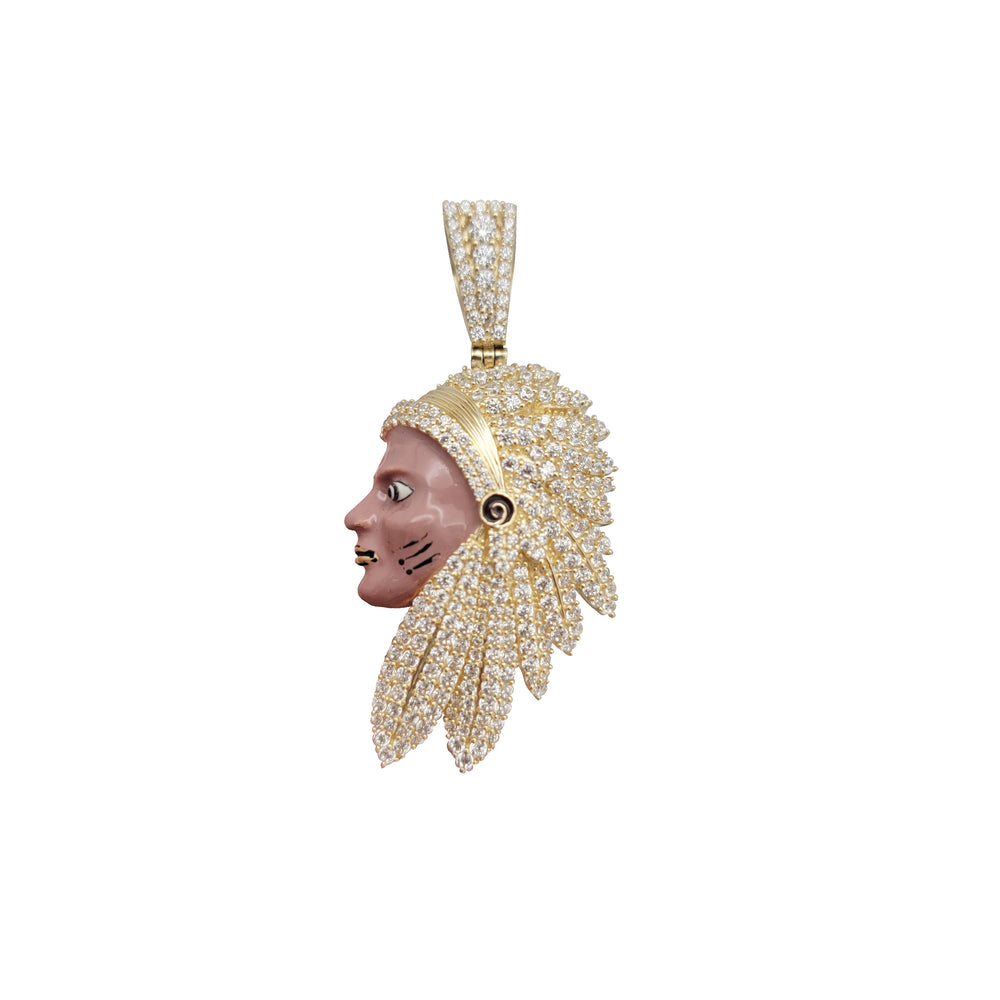 Zirconia & Enamel Indian Chief Head Pendant (14K)