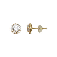 Zirconia Halo Round Stud Earrings (14K)