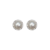 琳160 [White Gold] Pearl & Diamond Round Stud Earrings (14K)