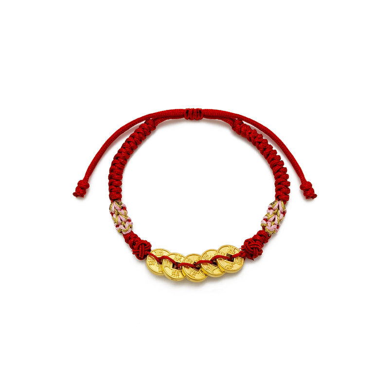 Five Lucky Cash Coins Floral Red String Bracelet (24K)
