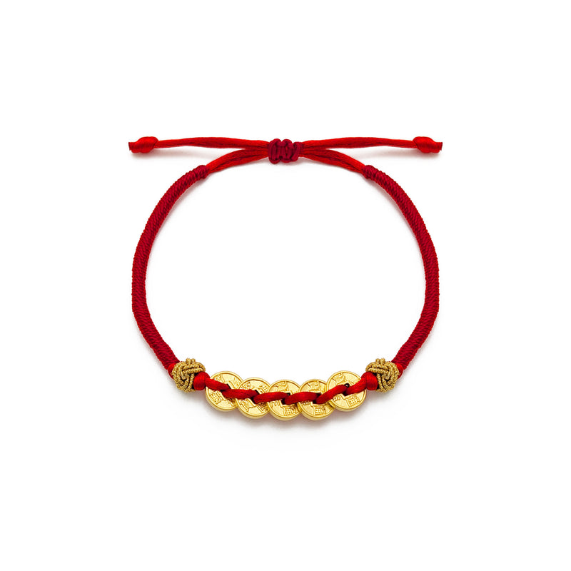 Five Lucky Cash Coins Red String Bracelet (24K)