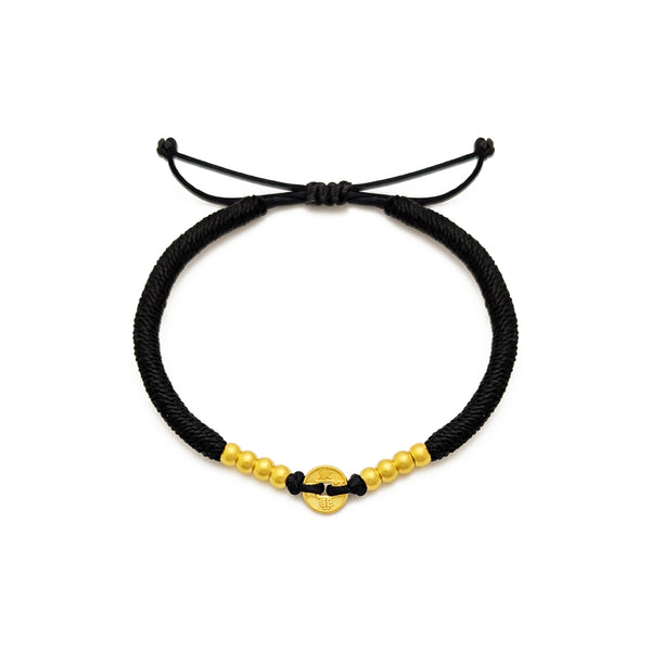 Lucky Shunzi Cash Coin Black String Bracelet (24K)