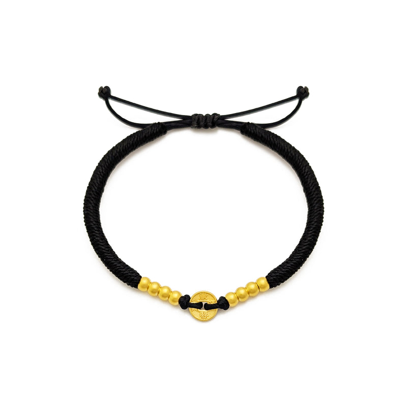 Lucky Shunzi Cash Coin Black String Bracelet (24K)