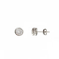 Round Bezel CZ Solitaire Stud Earrings (Silver)