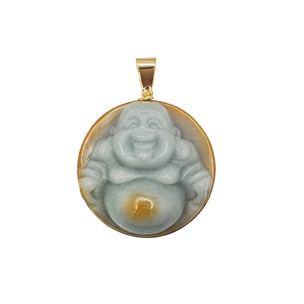 (14K)  Round Laughing Buddha Jade Pendant