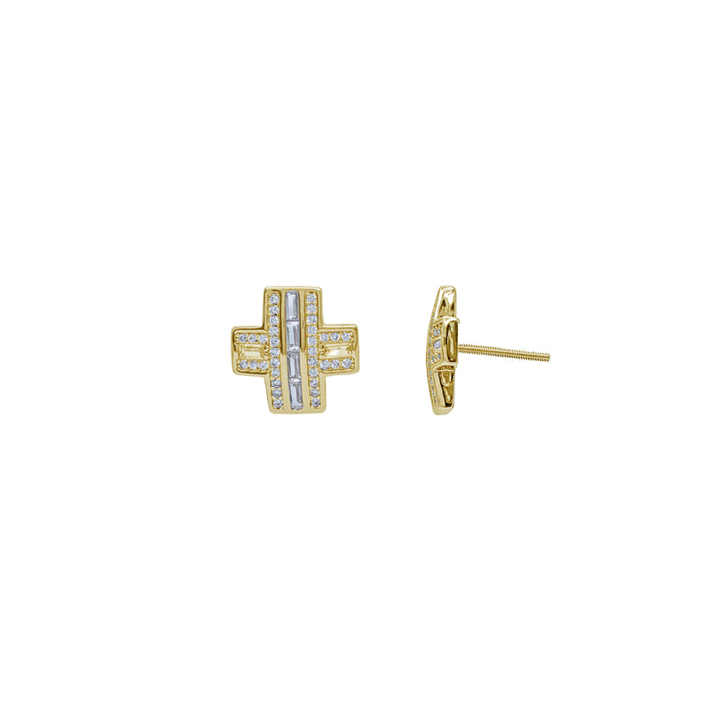 Baguette & Round Zirconia Cross Symbol Stud Earrings (Silver)