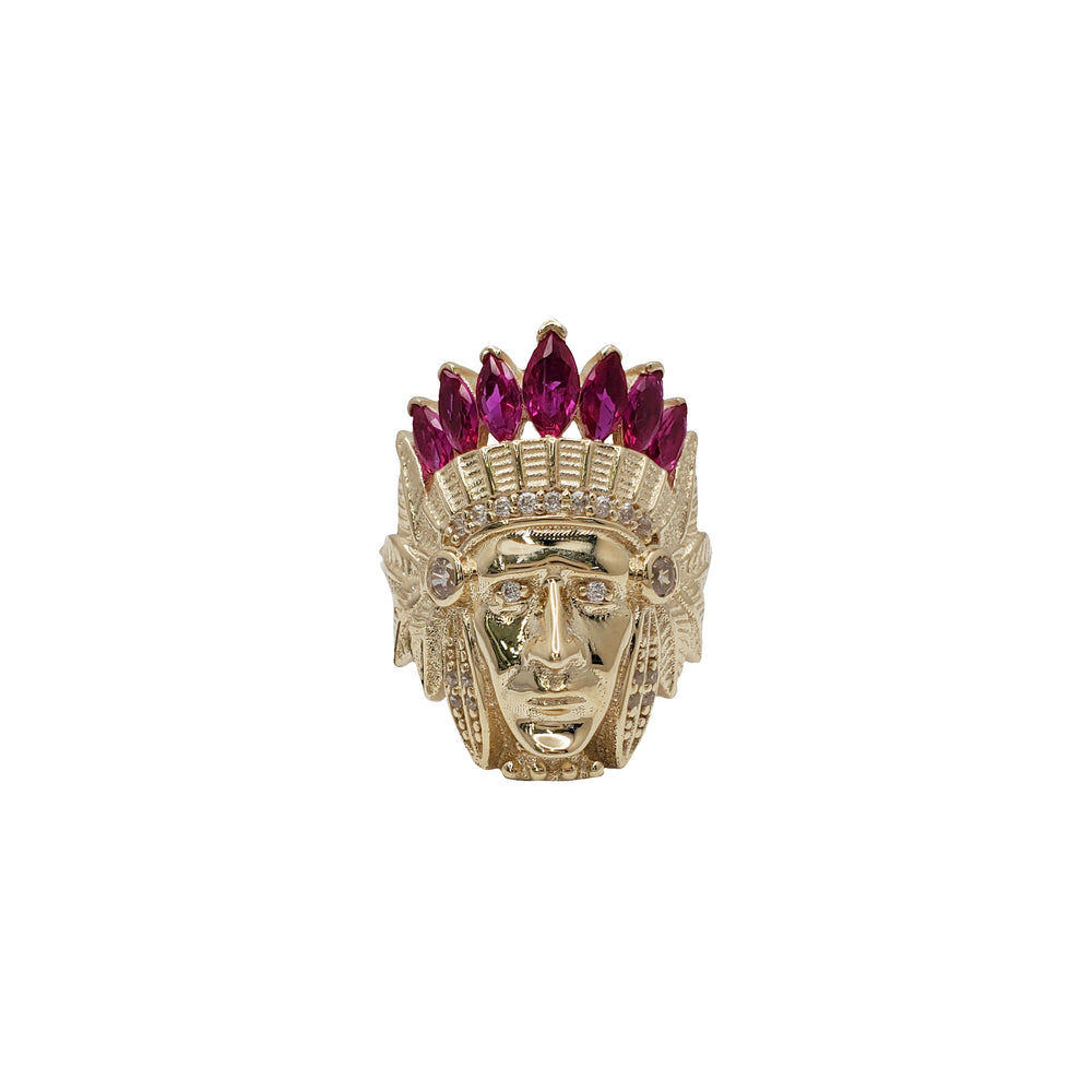 Indian Chief Head Diamond-Cut & Multi-Color CZ Ring (10K)