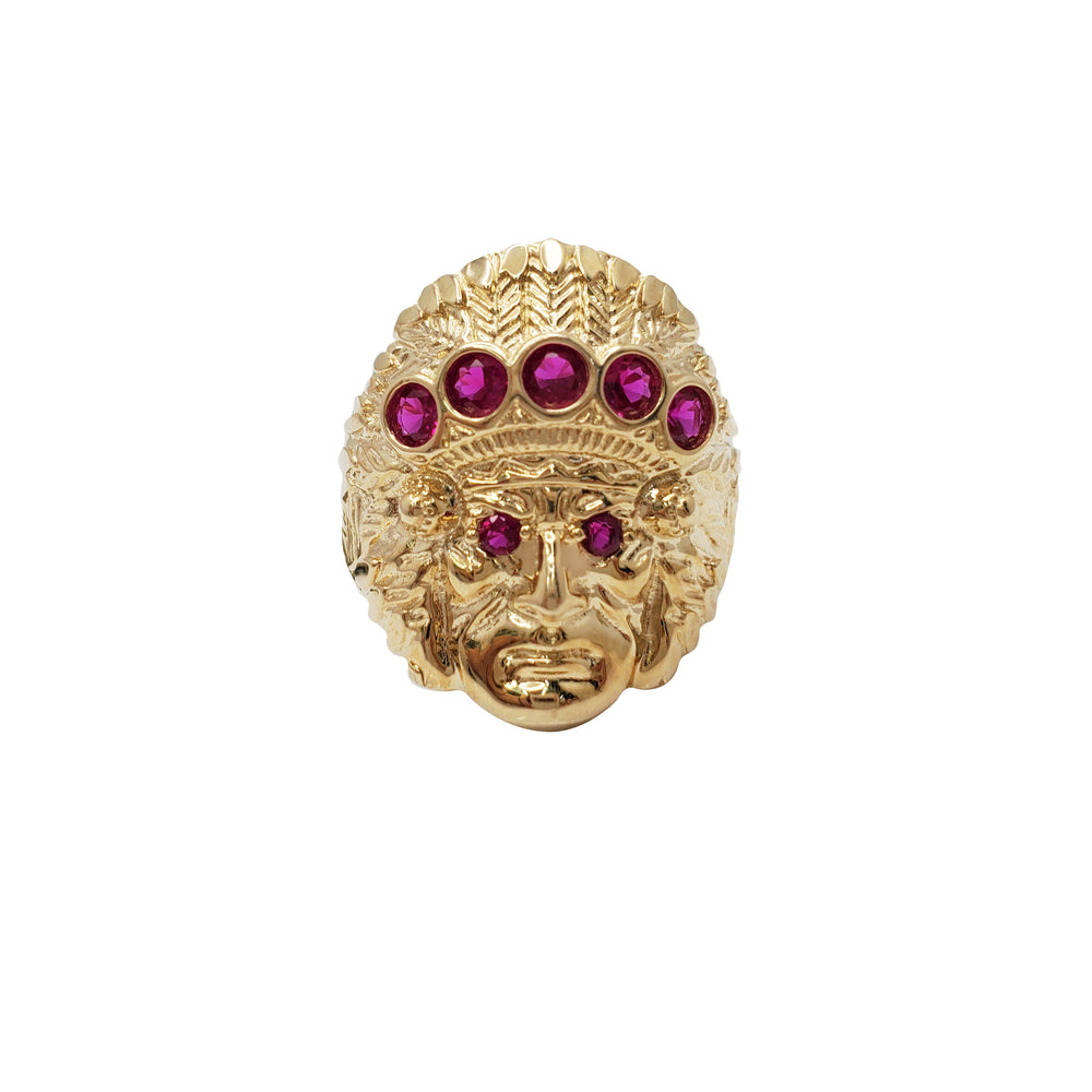 Indian Chief Head Design with Ruby CZ Stones in 10K Yellow Gold Ring