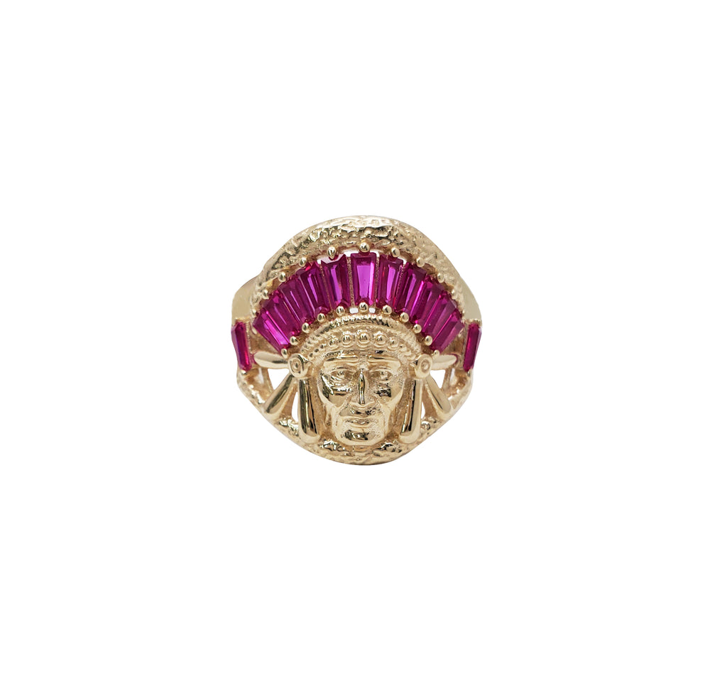 Indian Chief Head  Baguette Ruby CZ Stones  10K Yellow Gold Ring