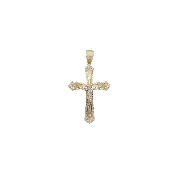 Diamond-Cut Border Zirconia Bud Crucifix Pendant (14K)