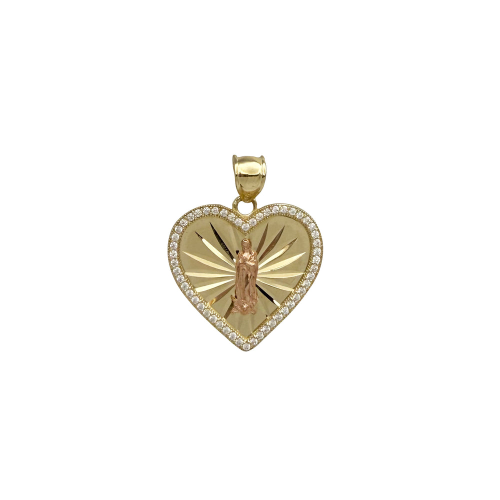 Diamond Cut Zirconia Heart Virgin Mary/Guadalupe Pendant (14K)