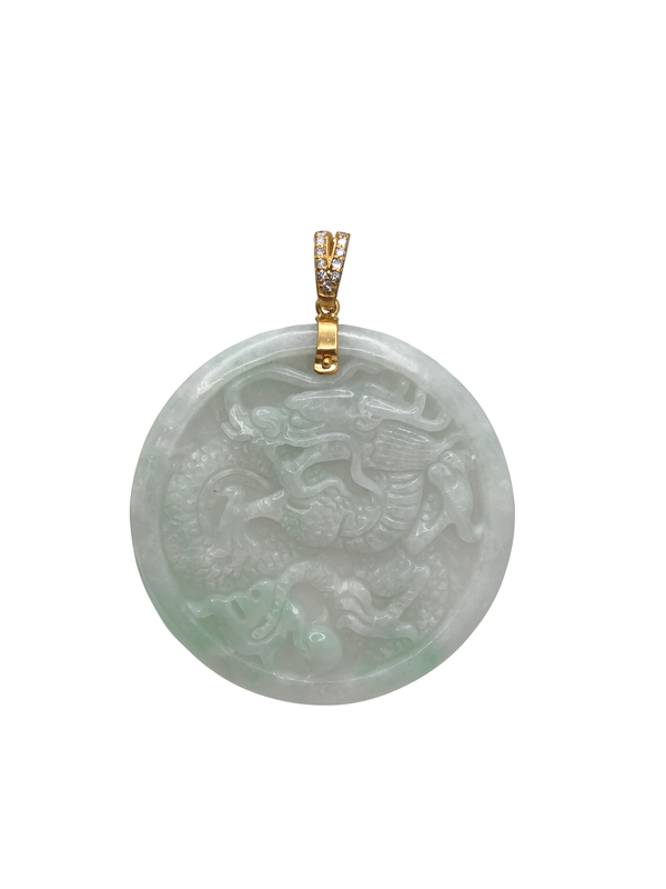 Zirconia Dragon Medallion Jade Pendant (14K)