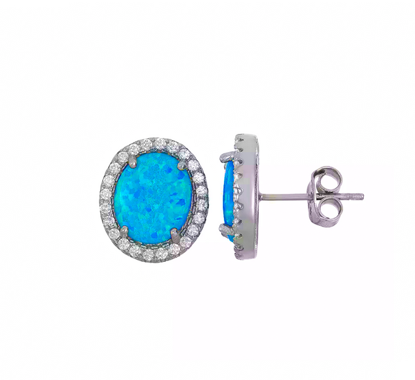 Cubic Zirconia Blue Opal Sterling Silver Stud Earring (Silver)