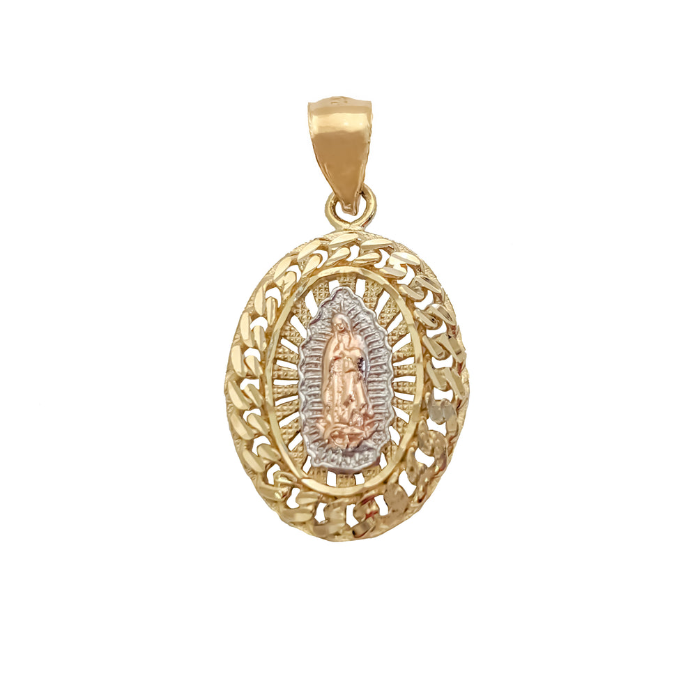 Tri-Tone Virgin Mary Monaco Frame Oval Pendant (14K)