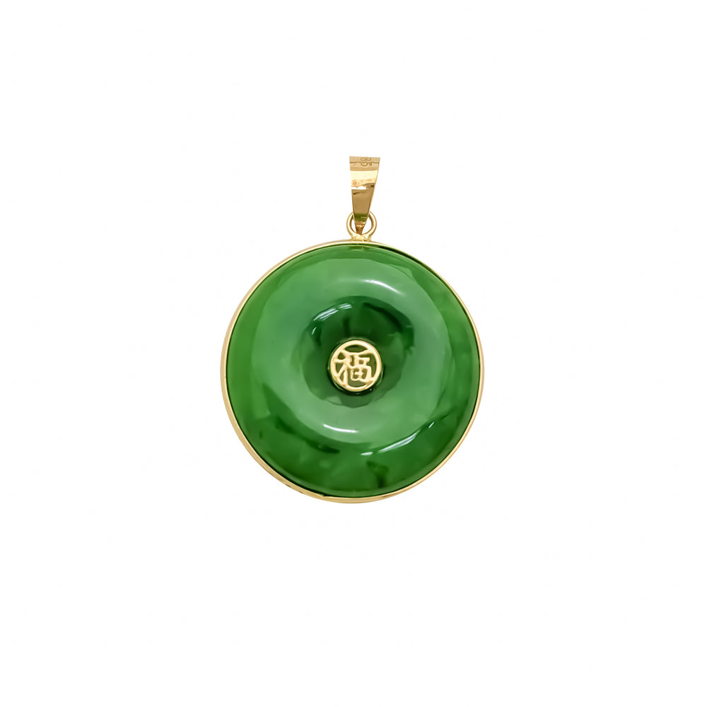 Green Jade Disc 'Fortune & Happiness' Pendant (14K)