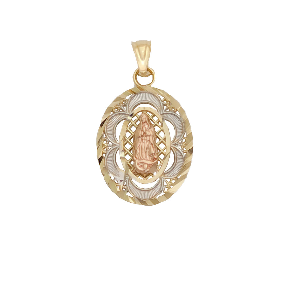 Tricolor Diamond-Cuts Virgin Mary Oval Pendant (14K)