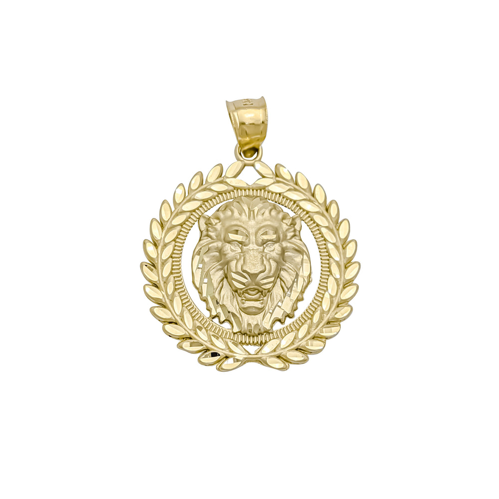 Lion Head Round Framed Leaf Diamond-Cut Pendant (14K)