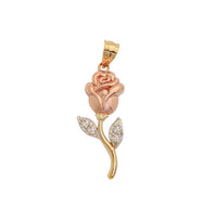 Tricolor Long Stem Rose Textured Flower Pendant (14K)