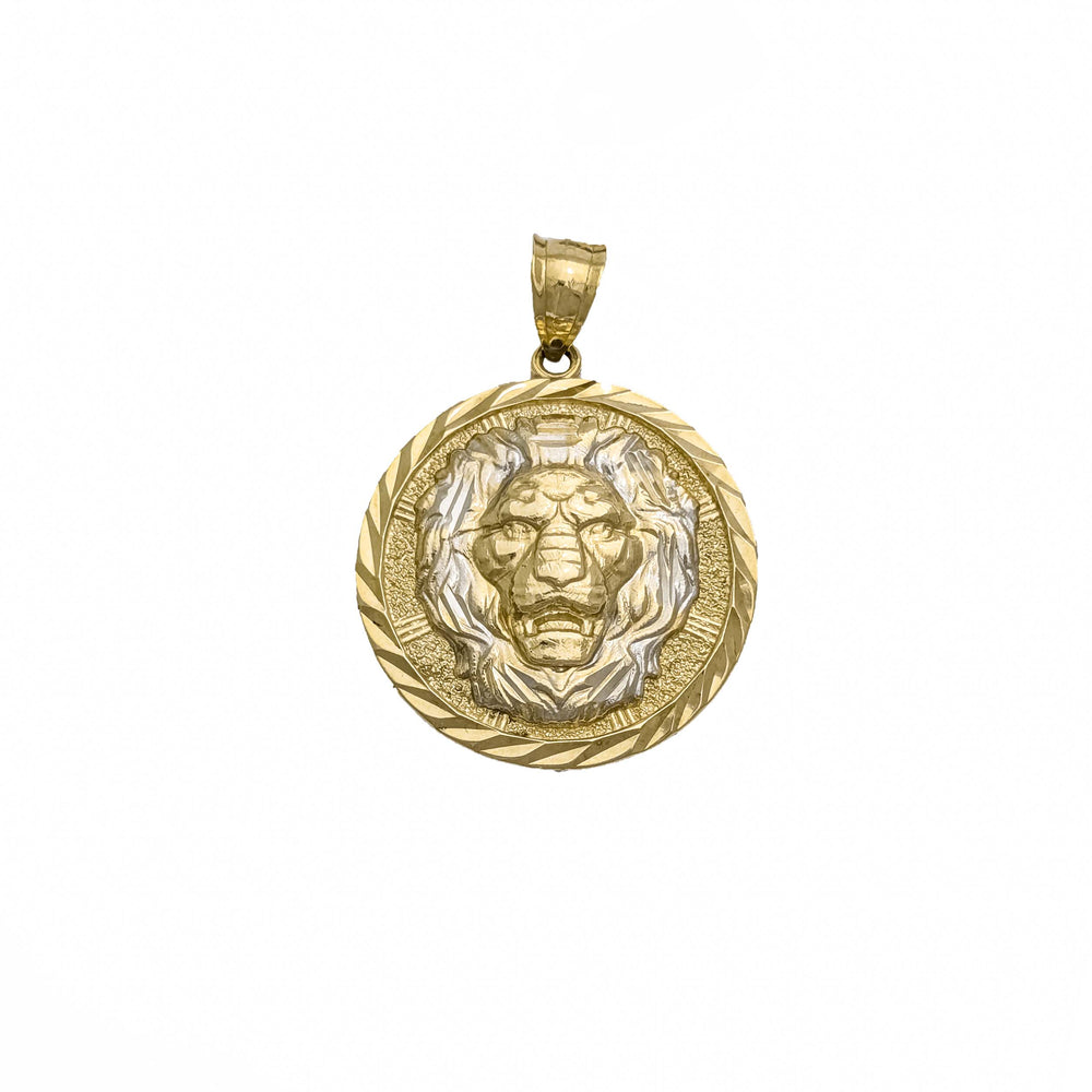 Two-tone Round Lion Diamond Cut Pendant (10K)